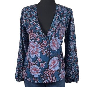 Land of the Free Josie Sapphire Mixed Print Top Peri Blue Size Small Long Sleeve